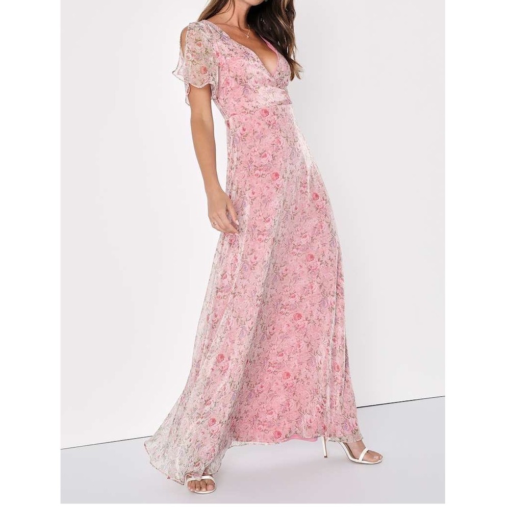 NWT Lulus Dreamiest Desires Pink Floral Flutter Sleeve Maxi Dress 1X